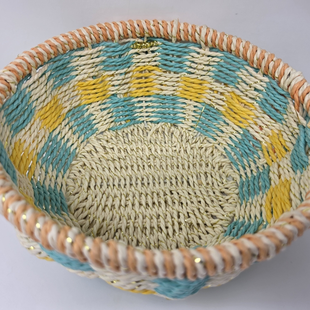 Basket Woven Round 9" Blue Yellow Beige Gold Accent Decorative